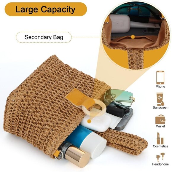 Women's Straw Clutch Bag Woven Rope Tote Small Party Beach Accessories - Picture 5 of 7